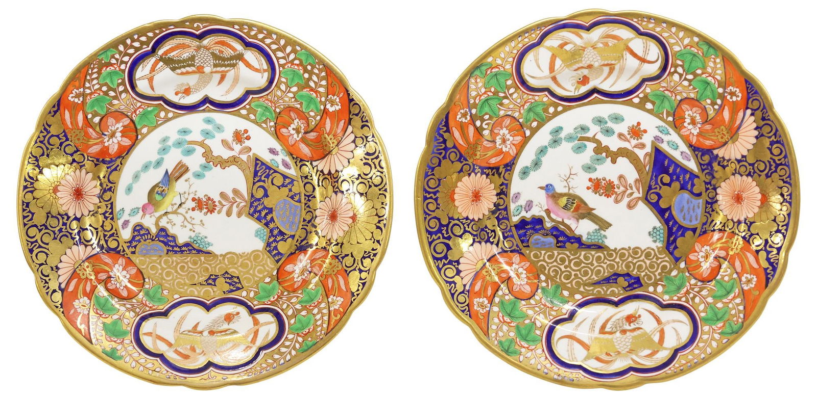 (2) SPODE PORCELAIN IMARI PATTERN #1291 DESSERT PLATES: (lot of 2) English Spode bone porcelain dessert plates, early 19th c., pattern number 1291, richly gilded, painted in the Imari palette with Japanese style rocks, flowers, and birds, approx 8.5"diam,