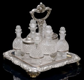 MATTHEW BOULTON SILVERPLATE CRUET STAND & CUT-GLASS BOTTLES