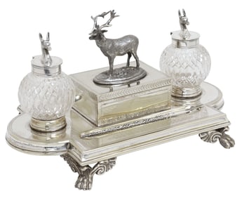 ENGLISH VICTORIAN SILVERPLATE & CUT-GLASS DESK STAND