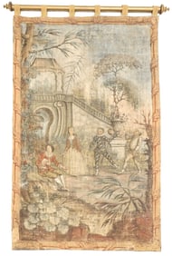 PAINTED TAPESTRY PANEL FETE GALANTE PIERROT & HARLEQUIN