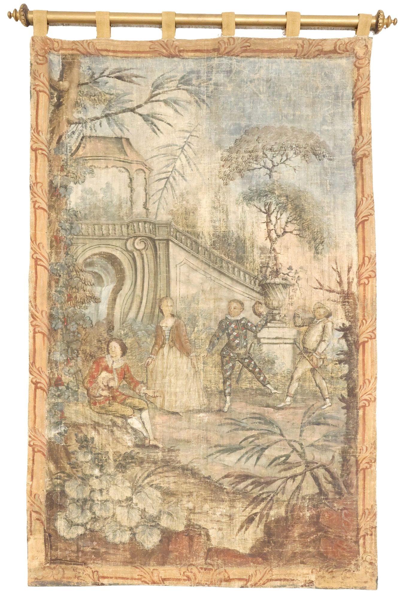 PAINTED TAPESTRY PANEL FETE GALANTE PIERROT & HARLEQUIN (1 of 3)