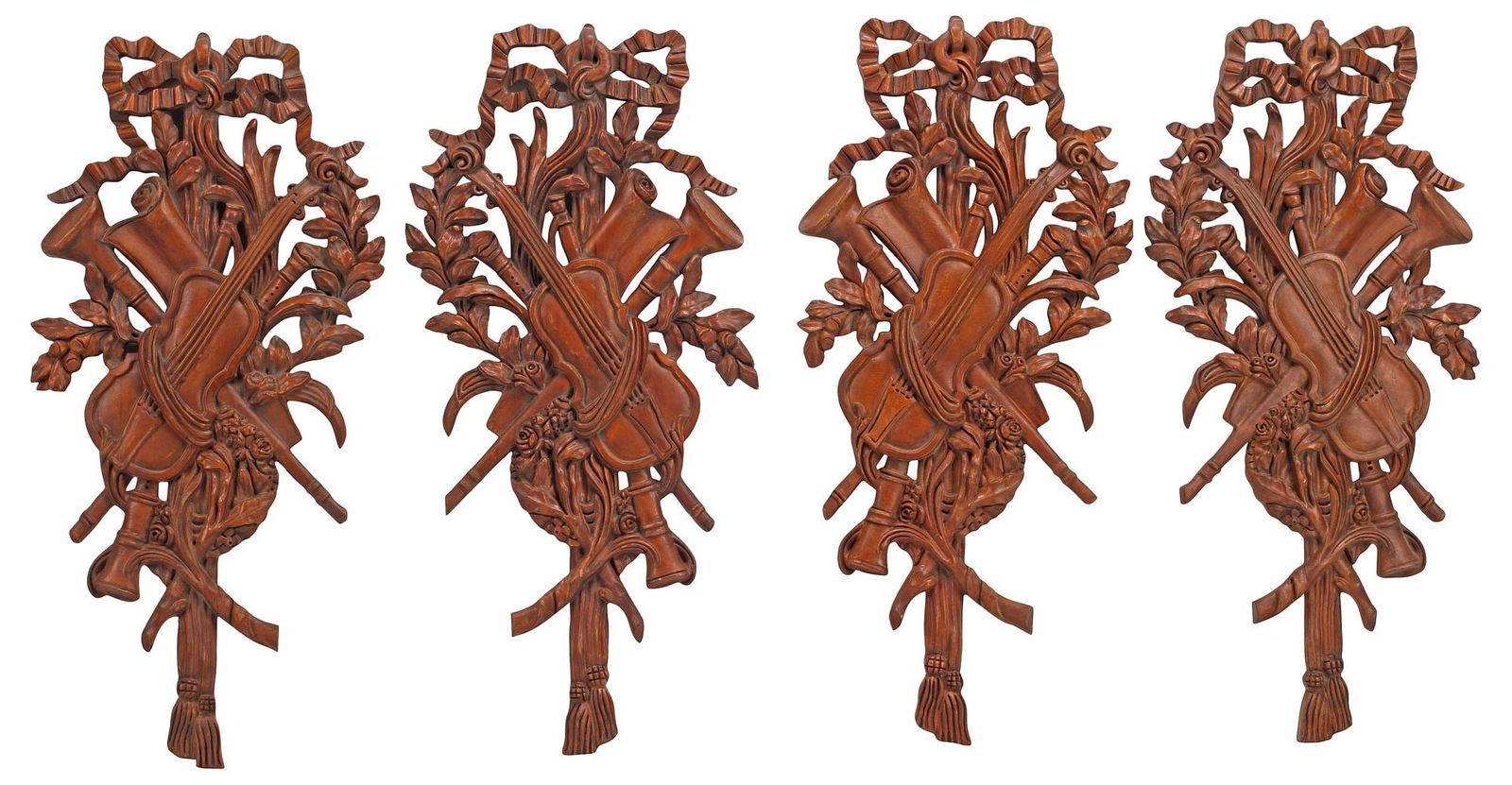(4) LARGE LOUIS XVI STYLE CARVED WOOD MUSICAL TROPHIES, 43.5"H: (lot of 4) Louis XV style carved wood wall trophies, each having ribbon crest, above various instruments and foliate motifs, approx 43.5"h, 20"w, 44lbs total