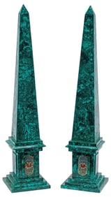 (2) LARGE MALACHITE-CLAD & CLOISONNE ENAMEL OBELISKS, 28"H