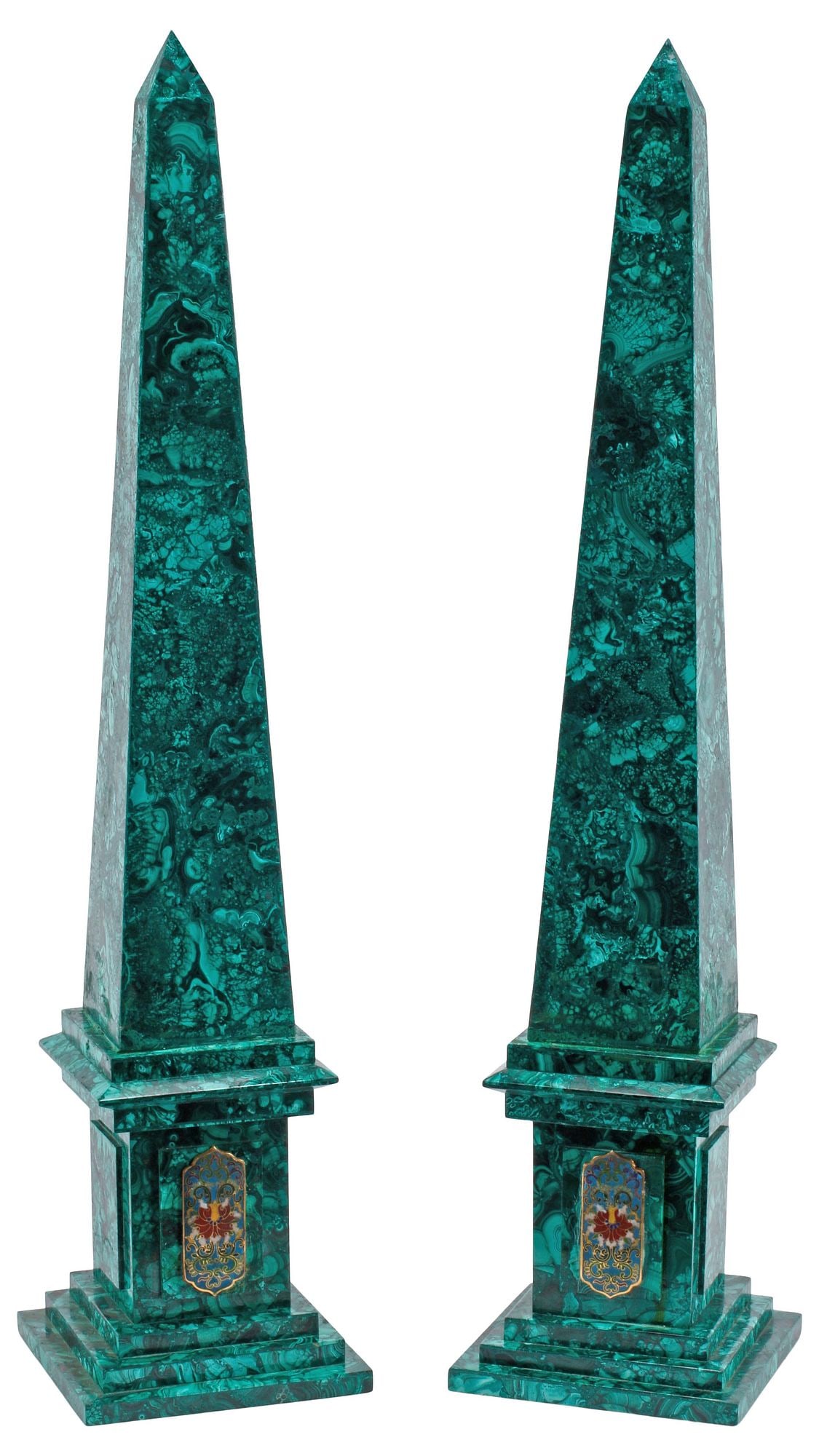 (2) LARGE MALACHITE-CLAD & CLOISONNE ENAMEL OBELISKS, 28"H: (pair) Large malachite veneered obelisks, mounted with cloisonne enamel plaques, approx 28"h, 6"w, 6"d, 21lbs
