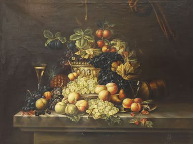 FRAMED STILL LIFE PAINTING WITH FRUIT, 36" X 43.5"