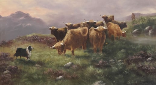 SIGNED W. CRAIG HIGHLAND COW LANDSCAPE OIL PAINTING, 18" X 32"