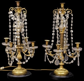 (2) LARGE FRENCH ORMOLU & CRYSTAL GIRANDOLE 1-LIGHT TABLE LAMPS, 39"H