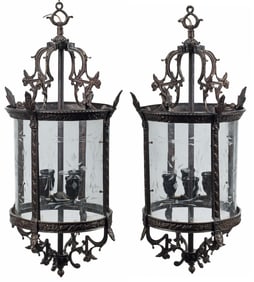 (2) LOUIS XV STYLE PATINATED BRONZE & ETCHED GLASS 4-LIGHT LANTERNS, 30"H