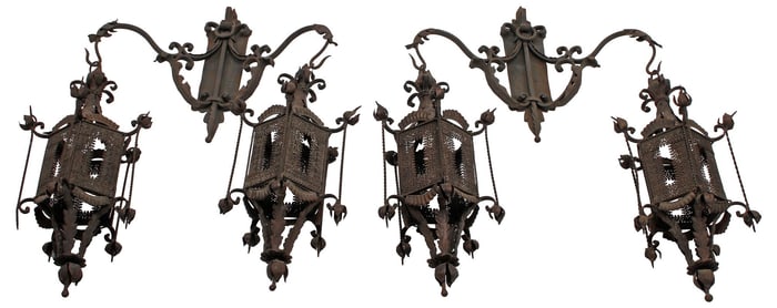 (2) GOTHIC STYLE WROUGHT IRON HANGING WALL LANTERNS