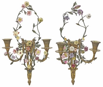 (2) FRENCH BRONZE & PORCELAIN FLOWERS 2-LIGHT WALL SCONCES