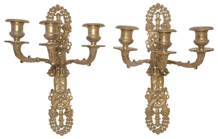 (2) FINE FRENCH LOUIS XVI STYLE ORMOLU 3-LIGHT CANDLE WALL SCONCES