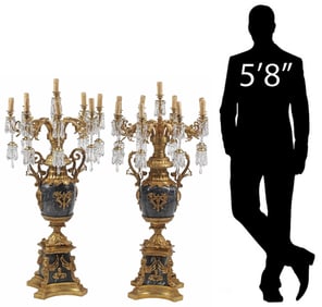 (2) LARGE LOUIS XV STYLE ORMOLU, MARBLE & CRYSTAL 9-LT CANDELABRA, 45"H