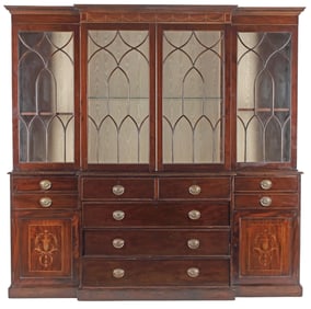 GEORGIAN INLAID MAHOGANY BREAKFRONT BOOKCASE
