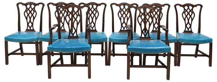 (8) CHIPPENDALE STYLE BLUE LEATHER & MAHOGANY DINING CHAIRS