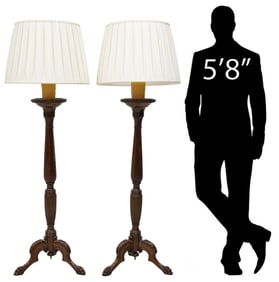 (2) LARGE ENGLISH CARVED MAHOGANY TORCHERE FLOOR LAMPS, 65"H