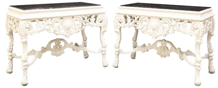 (2) GEORGE II STYLE MARBLE-TOP WHITE-PAINTED CONSOLE TABLES