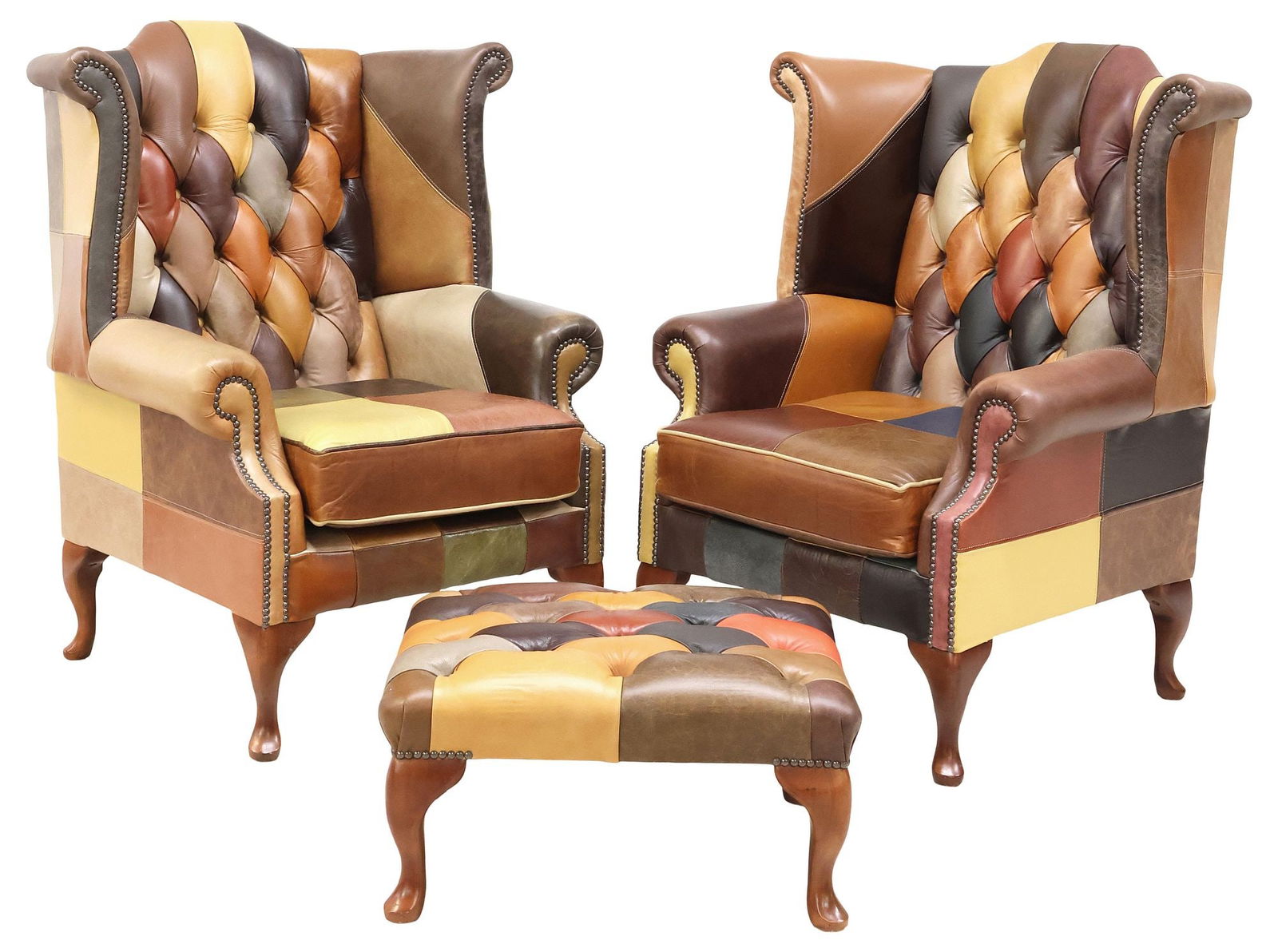 (3) QUEEN ANNE STYLE PATCHWORK LEATHER WINGBACK CHAIRS & OTTOMAN: (lot of 3) English Queen Anne style seating group, 21st c., each in button-tufted multi-colored patchwork leather upholstery, with nailhead trim, rising on cabriole legs, ending on pad feet, including
