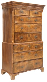 ENGLISH GEORGIAN BURLED WALNUT & STAR PARQUETRY CHEST ON CHEST