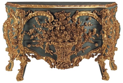 ROCOCO STYLE PARCEL-GILT & PAINTED BOMBE COMMODE