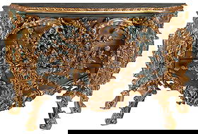 ROCOCO STYLE PARCEL-GILT & PAINTED BOMBE COMMODE: Rococo style parcel-gilt and painted bombe commode, with a faux marble top, over three drawers, decorated with flowering basket and scrolled foliate motifs, on cabriole legs and whorl feet, approx 38"