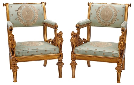 (2) ITALIAN CLASSICAL STYLE GILTWOOD ARMCHAIRS