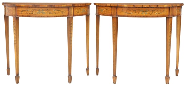 (2) ADAMS STYLE PAINTED MAHOGANY DEMILUNE CONSOLE TABLES