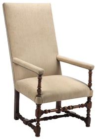 FRENCH LOUIS XIII STYLE UPHOLSTERED HIGHBACK ARMCHAIR