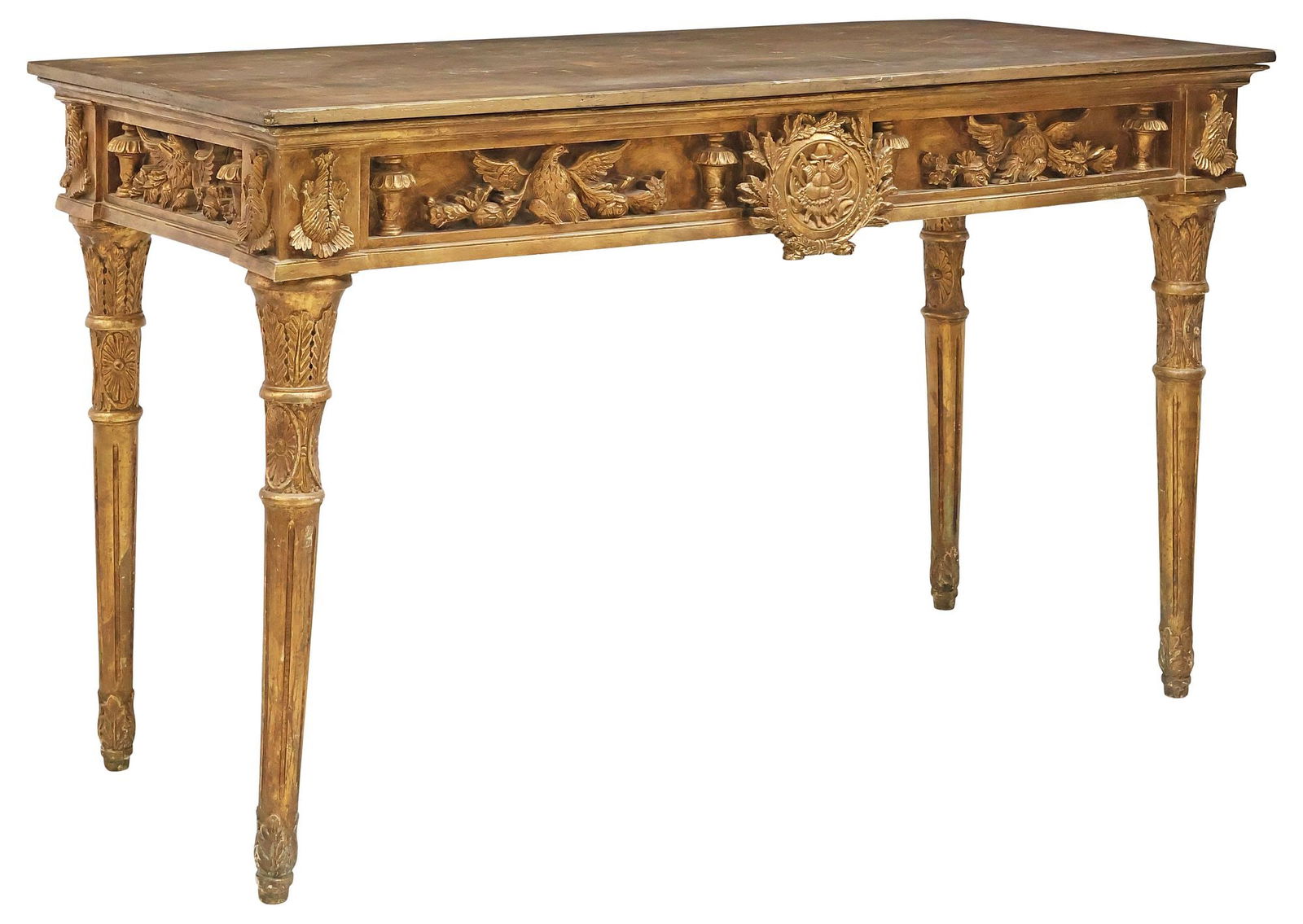 LARGE ITALIAN NEOCLASSICAL STYLE GILT-PAINTED CONSOLE TABLE: Large Italian Neoclassical style gilt-painted console table, 20th c., having rectangular top, above recessed frieze with carved birds and foliate wreaths, finished on all sides, rising on tapering flu