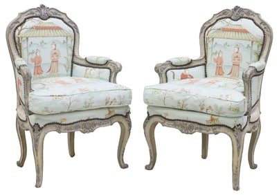 (2) LOUIS XV STYLE THIBAUT CHINOISERIE UPHOLSTERED ARMCHAIRS