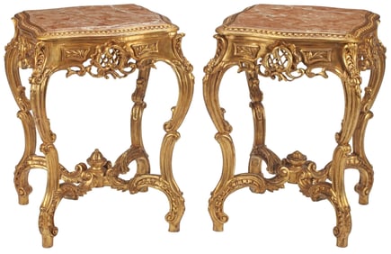 (2) LOUIS XV STYLE MARBLE-TOP GILTWOOD SQUARE SIDE TABLES