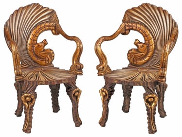 (2) VENETIAN STYLE 'GROTTO' CARVED GILTWOOD ARMCHAIRS
