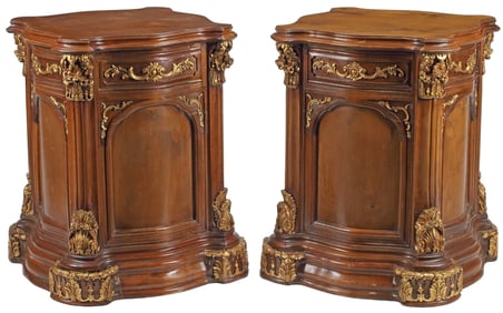 (2) NEOCLASSICAL STYLE PARCEL-GILT WALNUT PEDESTAL SIDE TABLES