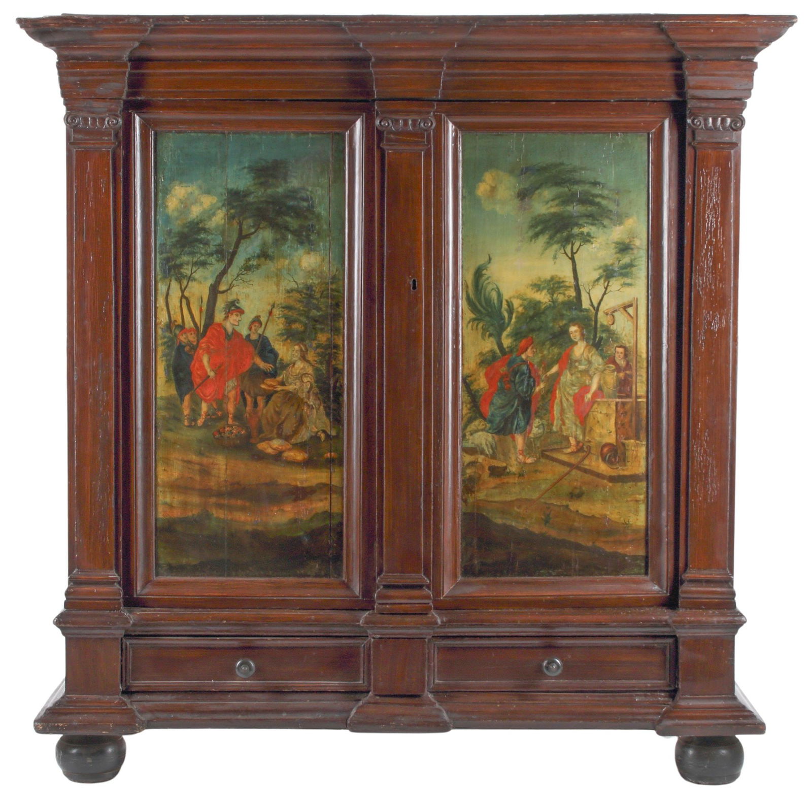 DUTCH POLYCHROME-DECORATED CABINET: Dutch simulated rosewood cabinet, 17th-18thc., two cabinet doors with painted panels of Biblical scenes, the right side depicting Rebecca at the well after Jacopo Amigoni (Italian, 1682-1752), the lef