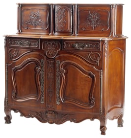 FRENCH PROVINCIAL LOUIS XV STYLE CARVED WALNUT BUFFET DEUX CORPS
