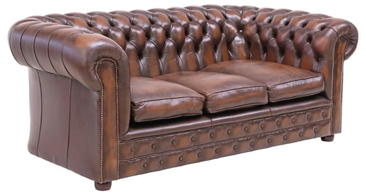 ENGLISH CHESTERFIELD STYLE TUFTED BROWN LEATHER SOFA
