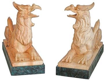 (2) CARVED MARBLE MODELS OF RECUMBENT WINGED GRIFFINS