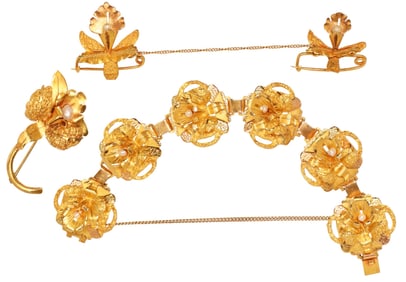 (3) ESTATE 18KT YELLOW GOLD & PEARL FLORIFORM JEWELRY SUITE