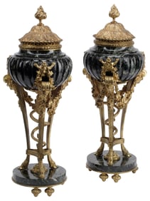 (2) FRENCH EMPIRE ORMOLU-MOUNTED GREEN MARBLE CASSOLETTES