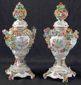 (2) CARL THIEME MEISSEN STYLE PORCELAIN POTPOURRI URNS ON STANDS, 21.5"H
