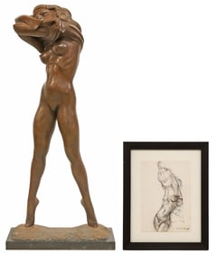 CHARLES UMLAUF (D.1994) LIFE-SIZE 69.5"H DISROBING BRONZE & DRAWING