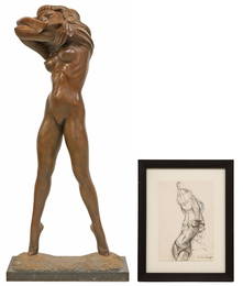 CHARLES UMLAUF (D.1994) LIFE-SIZE 69.5"H DISROBING BRONZE & DRAWING