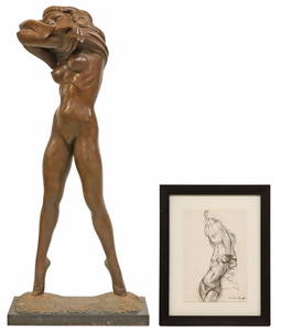 CHARLES UMLAUF (D.1994) LIFE-SIZE 69.5"H DISROBING BRONZE & DRAWING