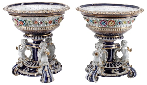 (2) MEISSEN STYLE PORCELAIN FIGURAL CENTERPIECE COMPOTES