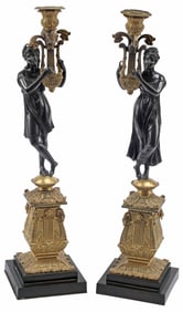 (2) FRENCH LOUIS PHILIPPE ORMOLU & PATINATED BRONZE CANDLESTICKS