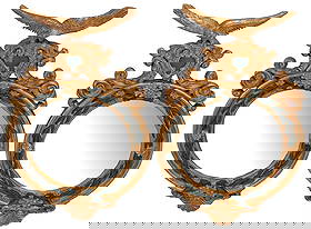 (2) REGENCY STYLE PARCEL-GILT & PAINTED CONVEX MIRRORS: (pair) Regency style parcel-gilt and painted wall mirrors, with eagle cresting, above circular frame with foliate wreath, encased convex mirror plate, approx 44"h, 27"w, 41lbs total