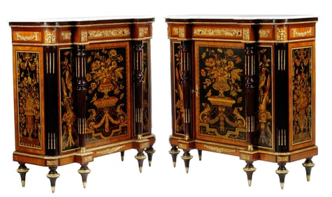 (2) LOUIS XVI STYLE MARBLE-TOP & ORMOLU-MOUNTED MARQUETRY CABINETS