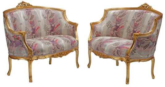(2) LOUIS XV STYLE GILTWOOD & UPHOLSTERED SETTEES