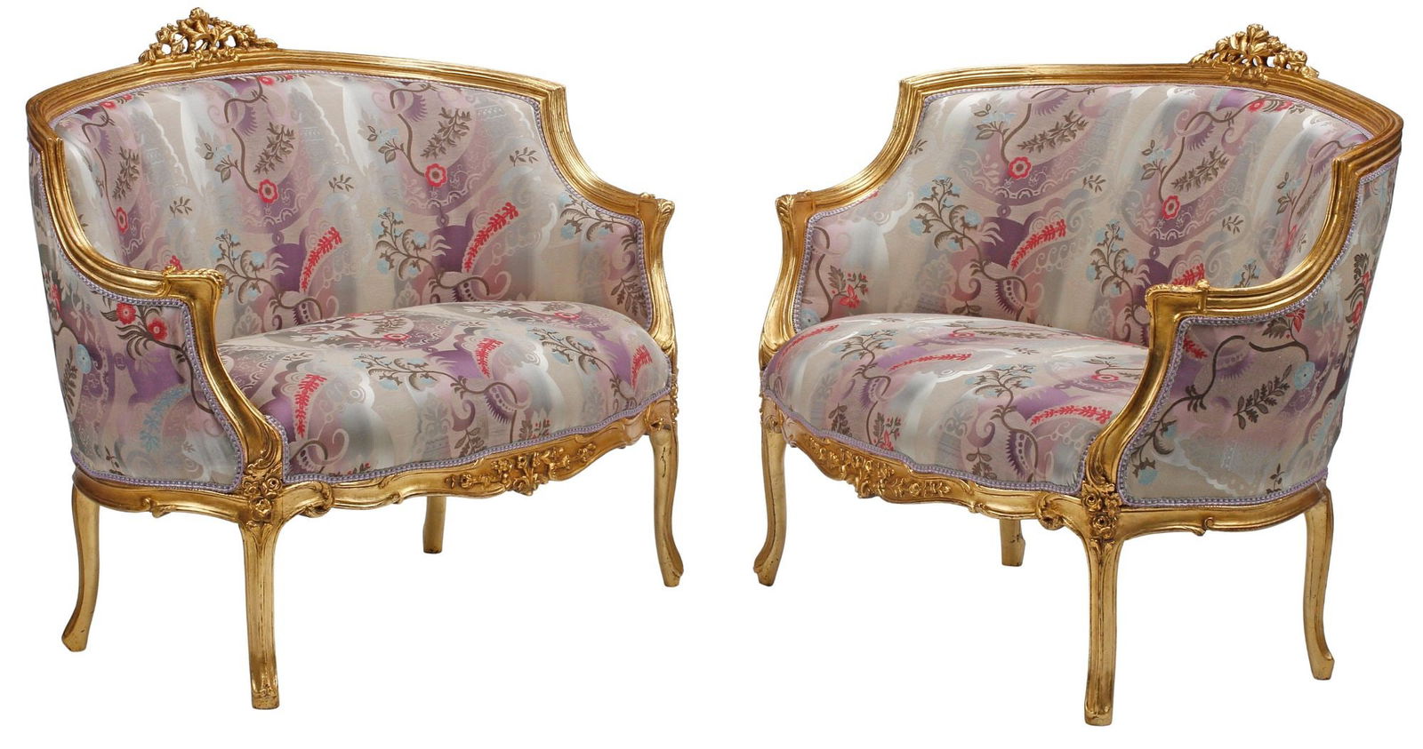 (2) LOUIS XV STYLE GILTWOOD & UPHOLSTERED SETTEES: (pair) Louis XV style giltwood and upholstered settees, each having pierced floral crest, above padded back and seat in floral-patterned upholstery, rising on cabriole legs, approx 39"h, 49"