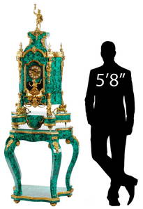 LARGE REGENCE STYLE ORMOLU-MOUNTED FAUX MALACHITE CLOCK ON STAND, 86.5"H