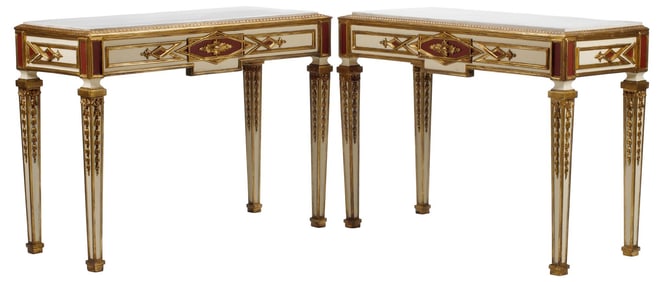(2) NEOCLASSICAL STYLE MARBLE-TOP PARCEL-GILT CONSOLE TABLES